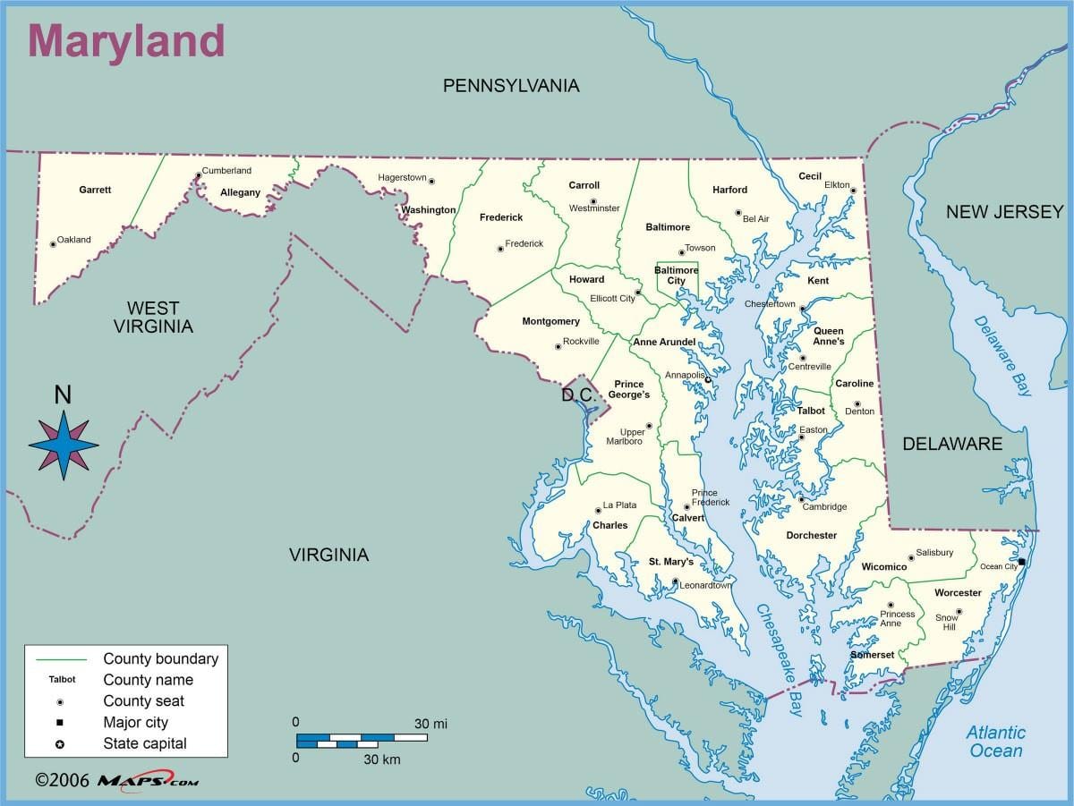 mappa del maryland e washington dc